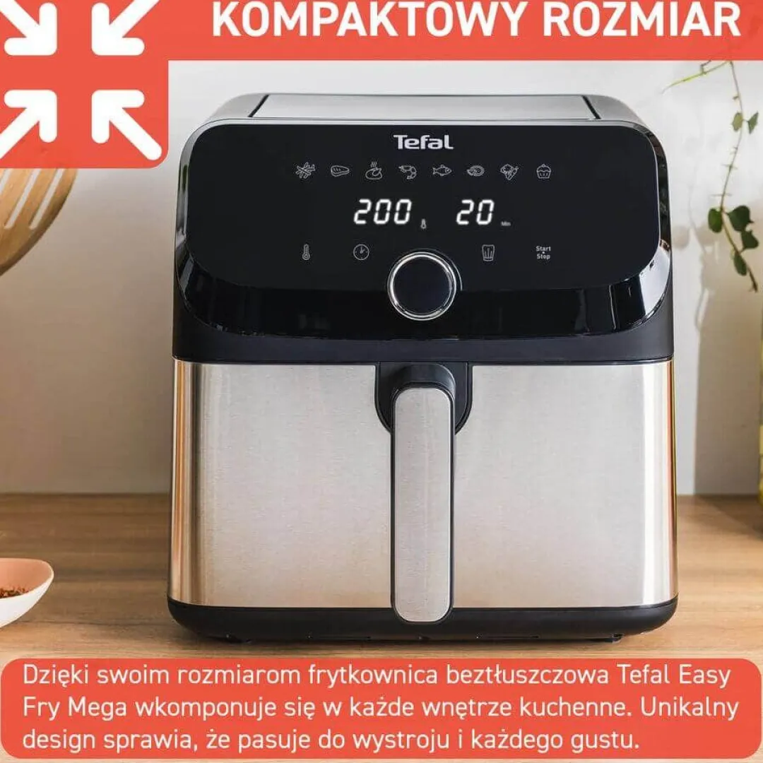 Frytkownica beztłuszczowa, Tefal Easy Fry Mega EY855D, pojemność 7,5 l, kompaktowy rozmiar, Air Fryer