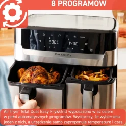 Frytkownica beztłuszczowa, Tefal Dual Easy Fry&Grill EY905D, dwukomorowa, duża, grill, Air Fryer