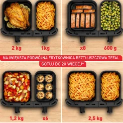 Frytkownica beztłuszczowa, Tefal Dual Easy EY942BE0, dwukomorowa, duża, 11l, Air Fryer