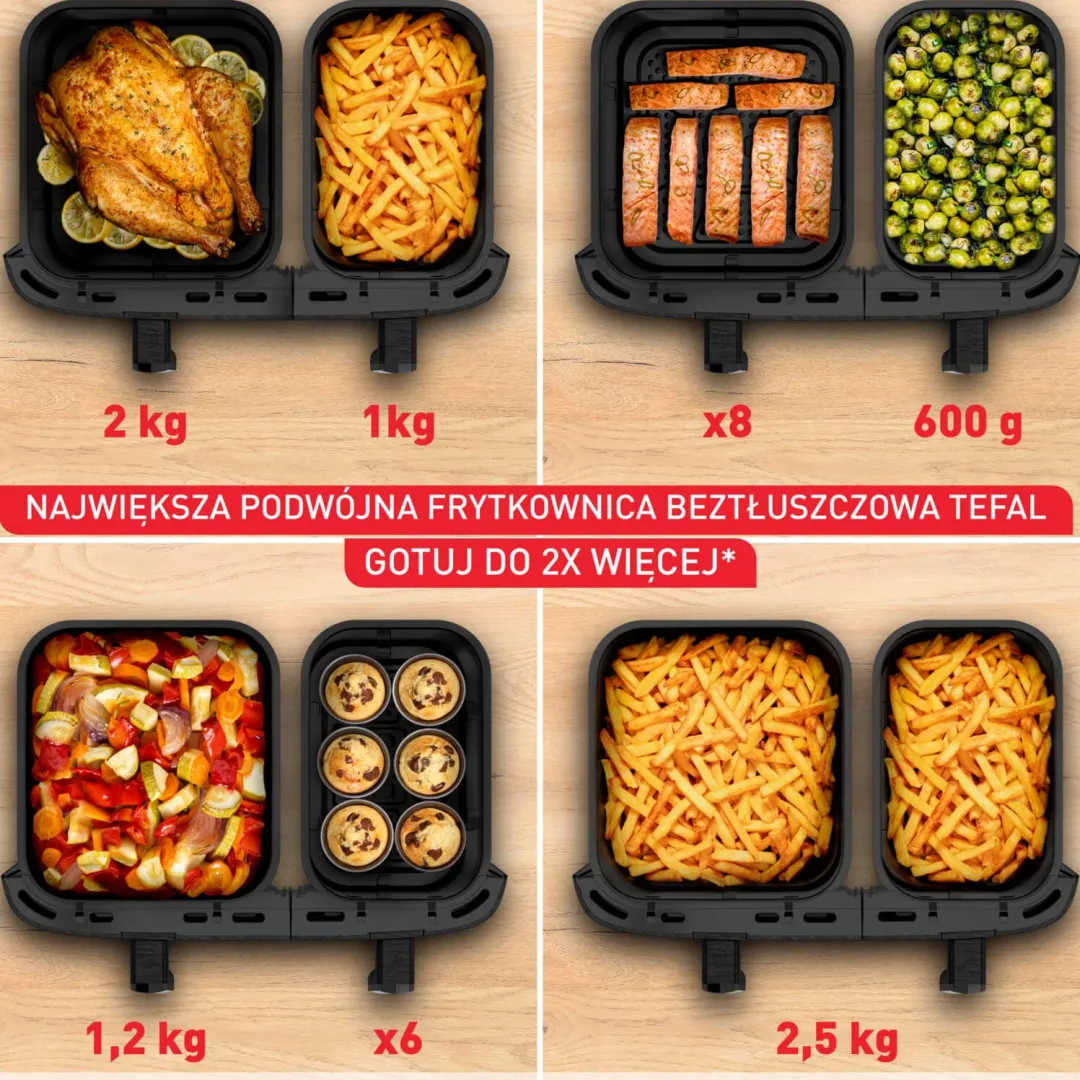 Frytkownica beztłuszczowa, Tefal Dual Easy EY942BE0, dwukomorowa, duża, 11l, Air Fryer