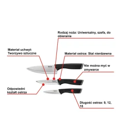 Noże ze stali nierdzewnej Comfort TEFAL 9/12/15cm + ostrzałka Essential