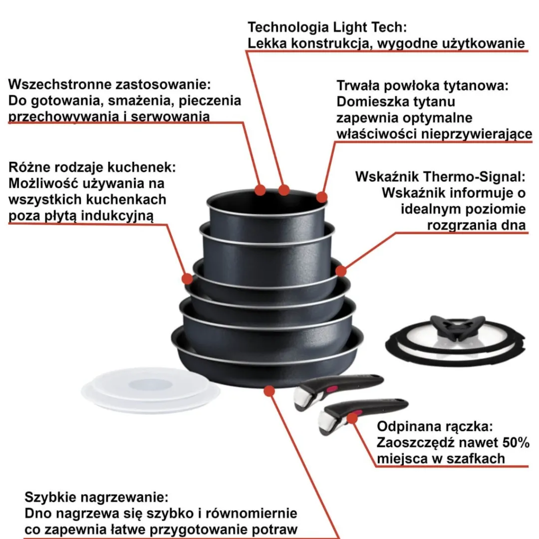 Zestaw garnków i patelni Tefal Ingenio So'Light 12 elementów + Uniwersalna rączka Ingenio