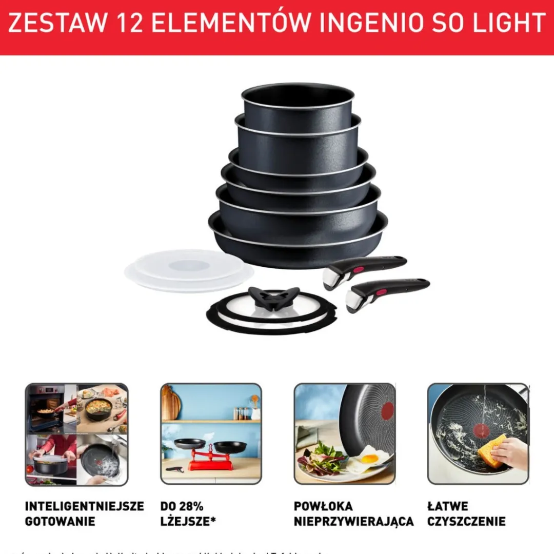 Zestaw garnków i patelni Tefal Ingenio So'Light 12 elementów + Uniwersalna rączka Ingenio