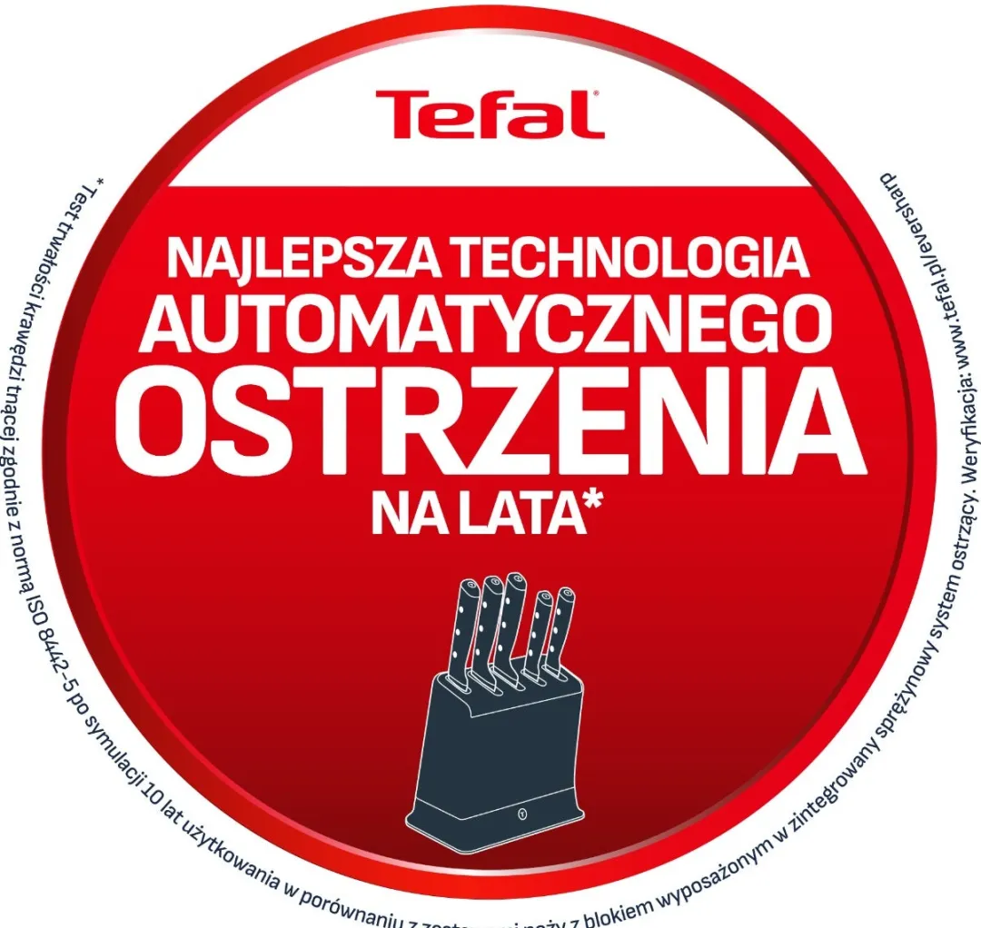 Zestaw 5 noży ze stali nierdzewnej oraz nożyczki TEFAL EverSharp Pro + blok z wbudowaną ostrzałką