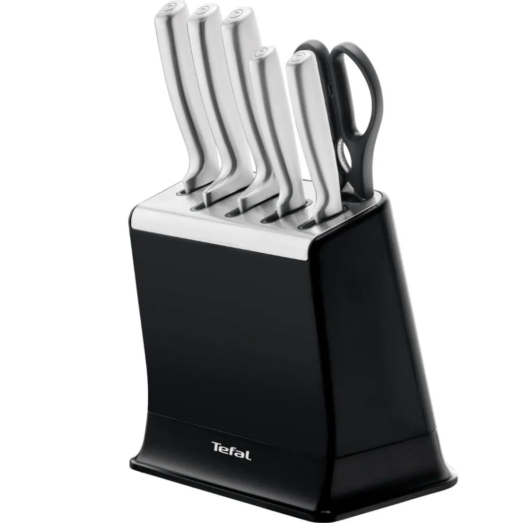 Zestaw 5 noży ze stali nierdzewnej oraz nożyczki TEFAL EverSharp Pro + blok z wbudowaną ostrzałką