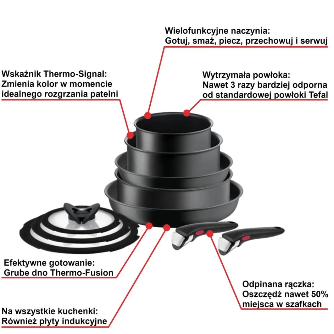 Zestaw patelni i garnków Tefal Ingenio Ultimate 10 elementów + Uniwersalna rączka Ingenio